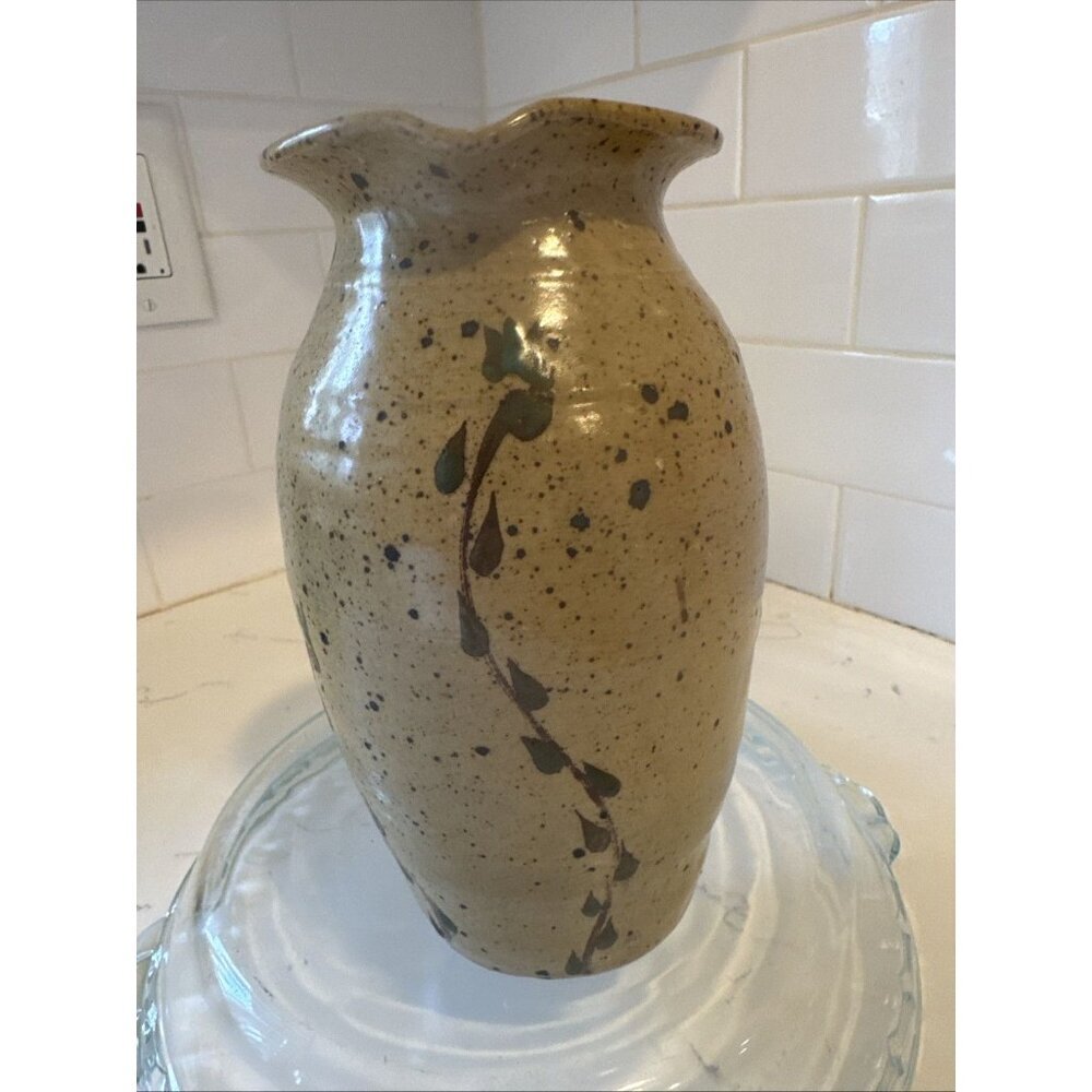 Small Handmade Pitcher Brown With Flowers 7 1/2 Tall Vintage - Picture 7 of 16